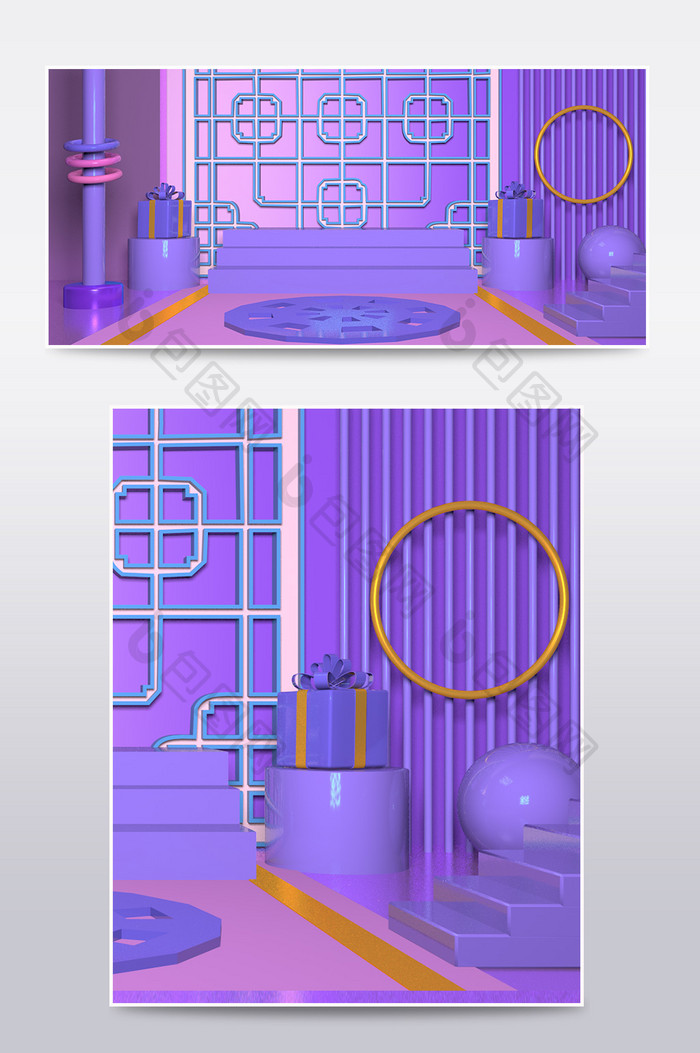 C4D电商场景高端紫色窗框紫色海报背景