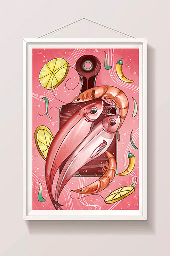 手绘肌理风山珍海味案板上的虾鱼和柠檬片插图片