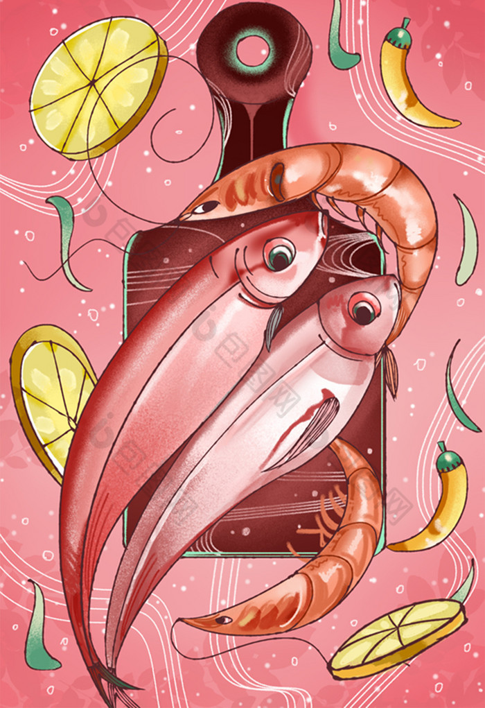 肌理风山珍海味案板上的虾鱼和柠檬片插图片