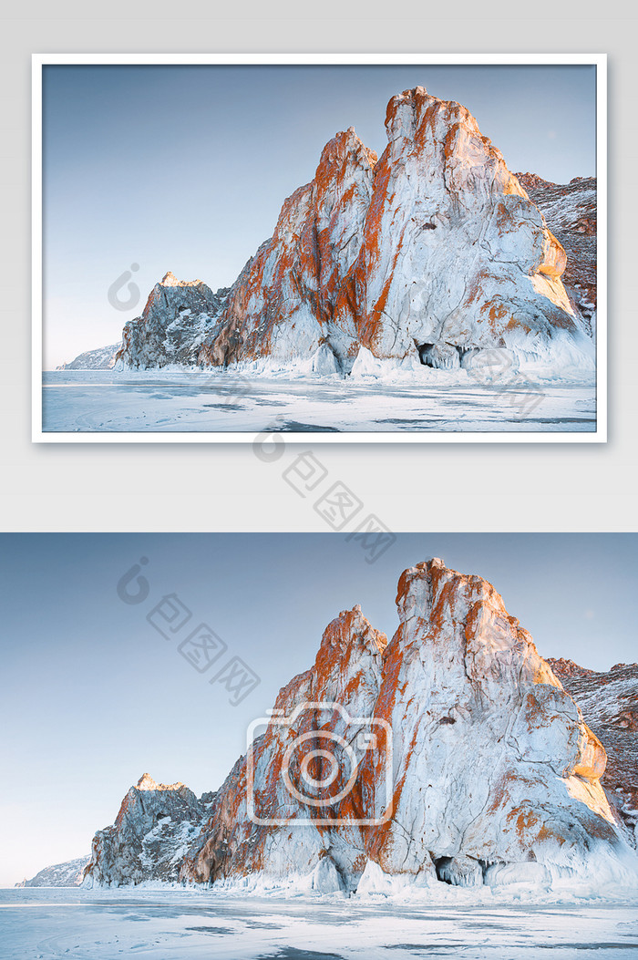 蓝色冰天雪地悬崖高山冰面湖面摄影图