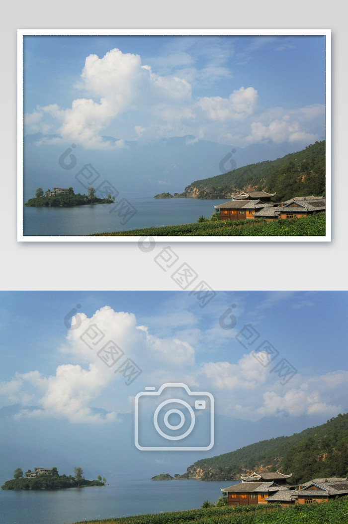 云南泸沽湖高原景色蓝天白云摄影图