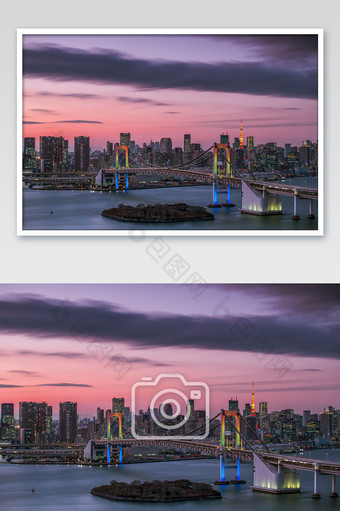 日本东京湾夕阳晚霞夜景大气城市建筑摄影图图片