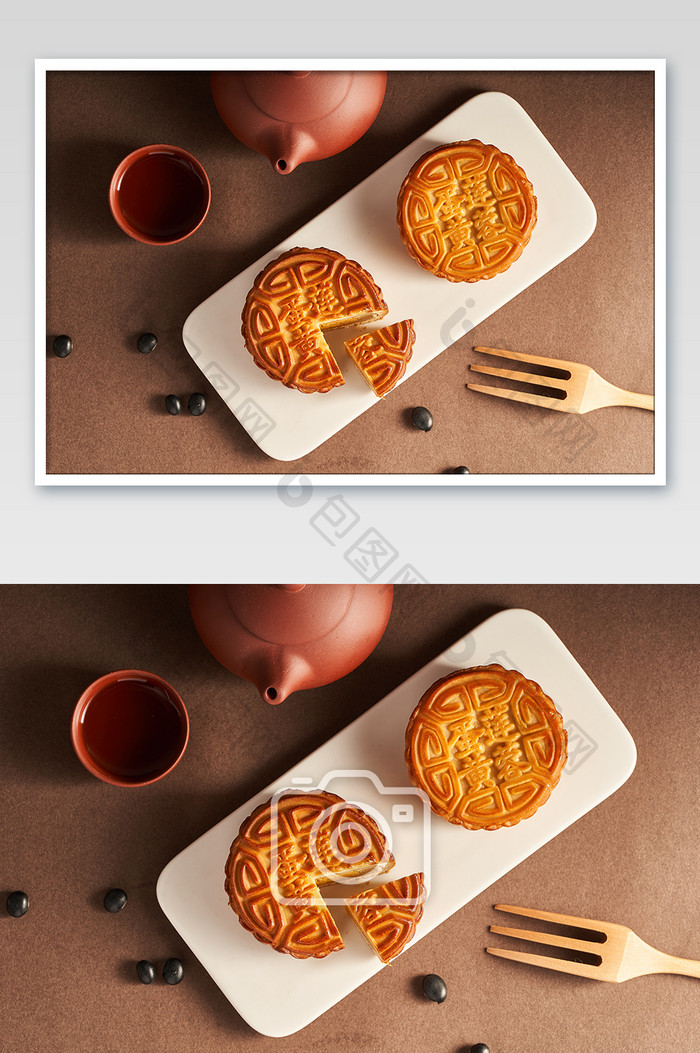 传统复古背景中秋盘装月饼摄影图片