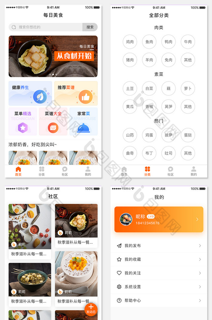 橙色渐变全套餐饮美食类APP界面UI移动