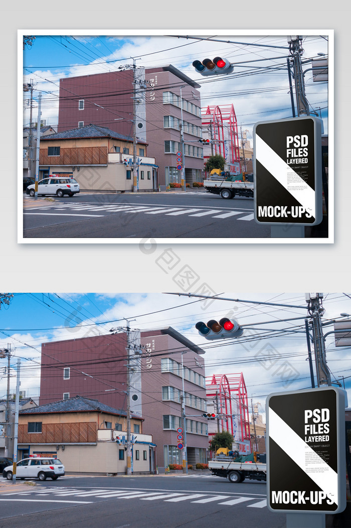 日本蓝天白云街头竖版户外广告牌海报样机