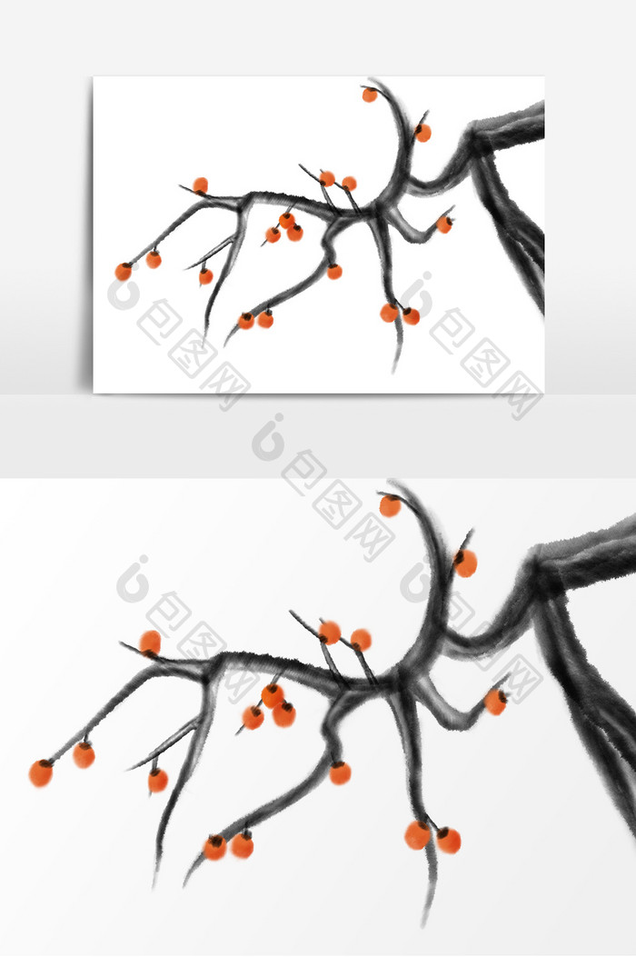 中国风水墨风手绘柿子柿子树卡通元素