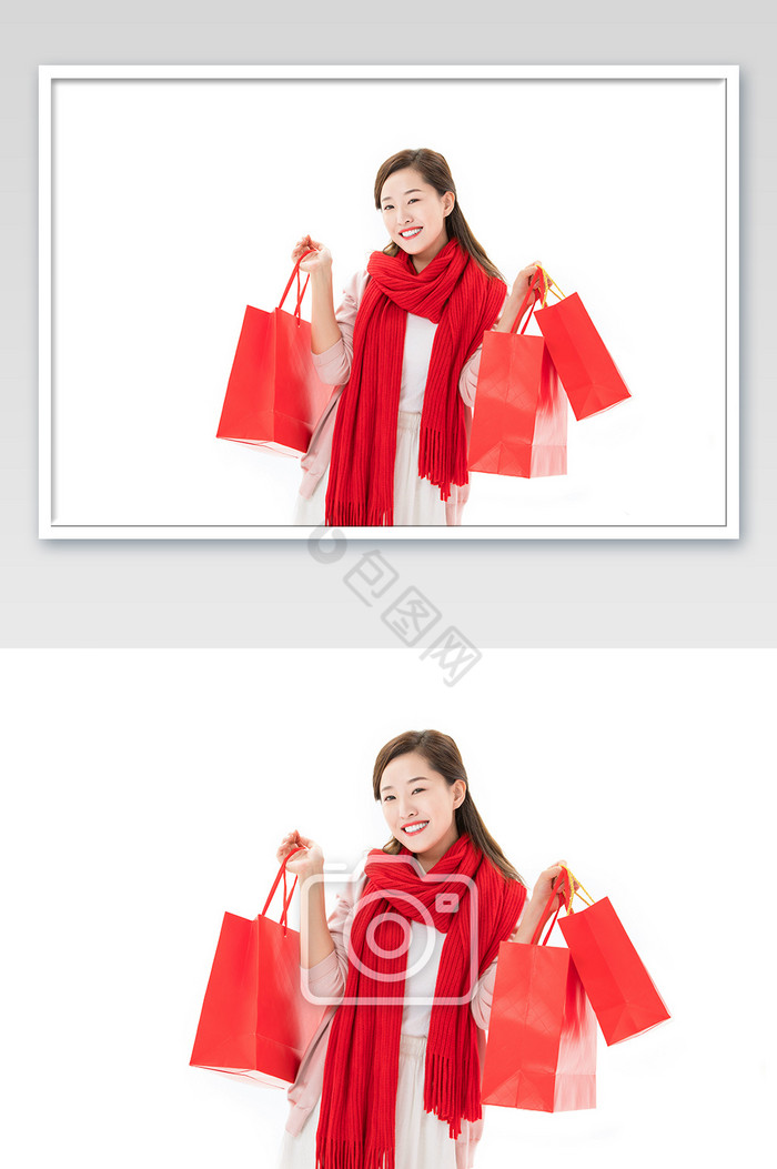 新年青年女性手拿购物袋微笑图片