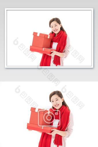 新年年轻女性手拿礼物盒图片