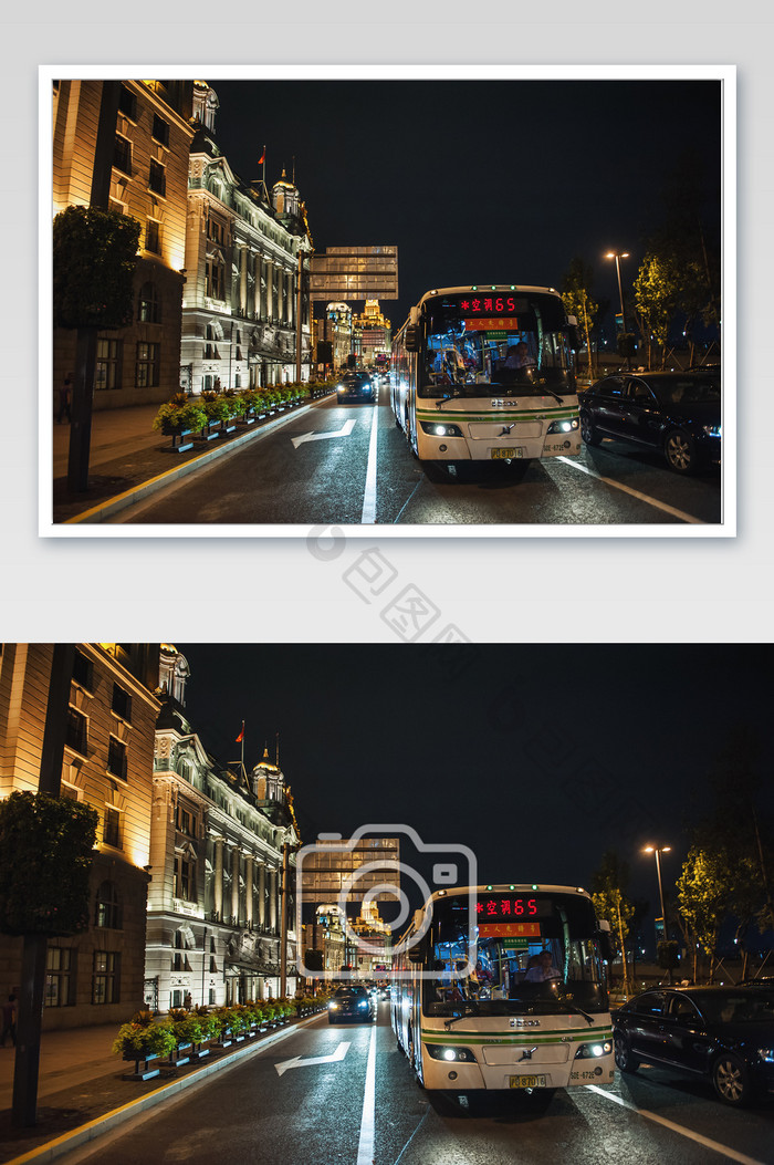 上海街头行驶的公交车和复古建筑