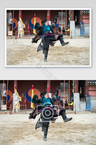 在挥舞刀剑的韩国表演者全景图片