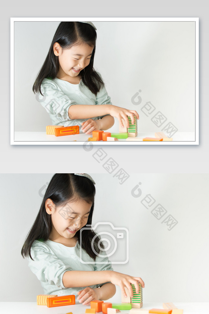 桌上铺满积木搭积木的小女孩清新色调图片图片