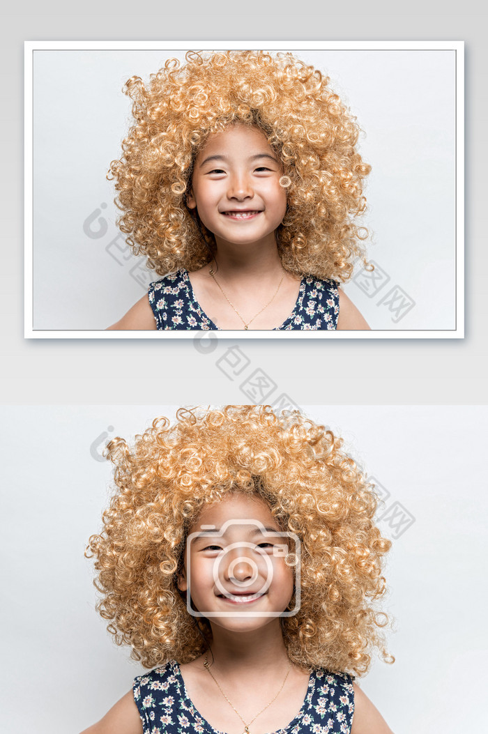 白色背景戴金色假发的小女孩图片图片