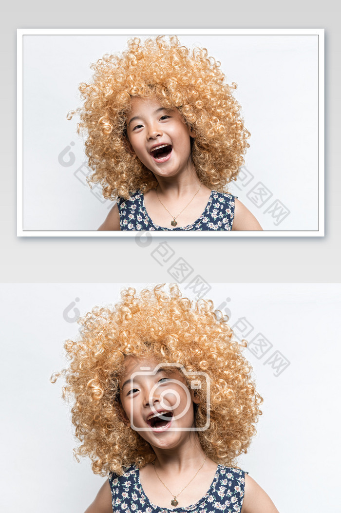 戴金色假发的小女孩正面开心图片图片