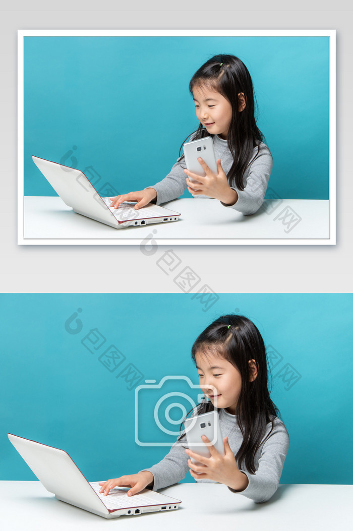 一手拿手机一手点击电脑键盘的小女孩