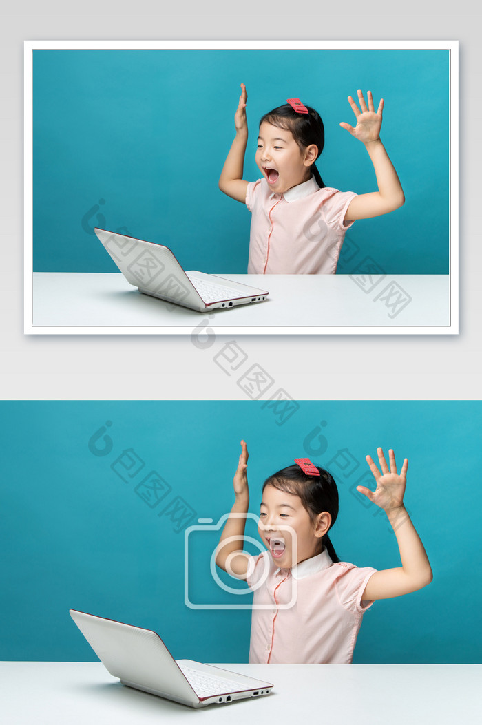 穿粉色衣服在电脑前夸张表情的小女孩