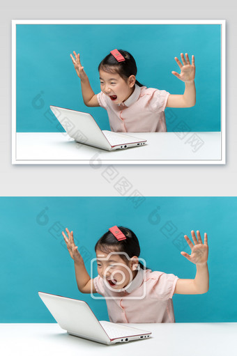 穿粉色衣服在电脑前张牙舞爪的小女孩图片