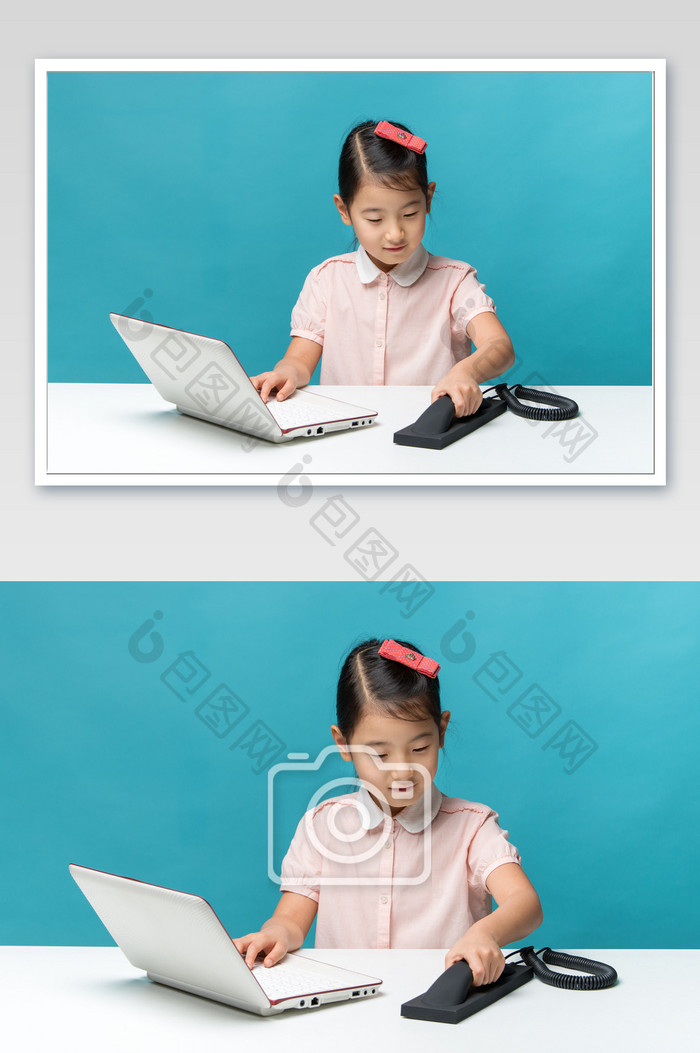 端坐在电脑前手拿电话机的小女孩