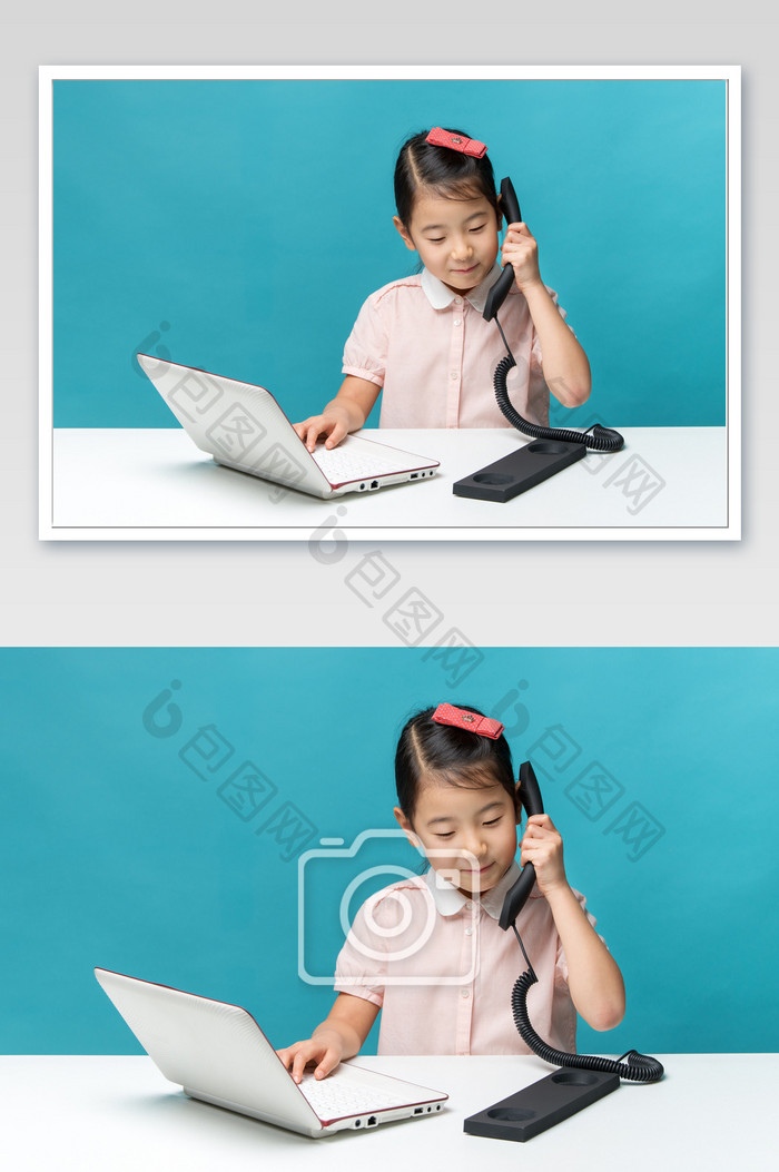 端坐在电脑前接电话的小女孩
