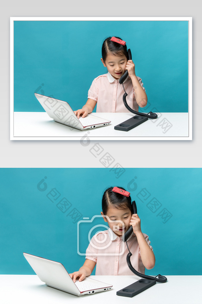 端坐在电脑前接电话聊天的小女孩