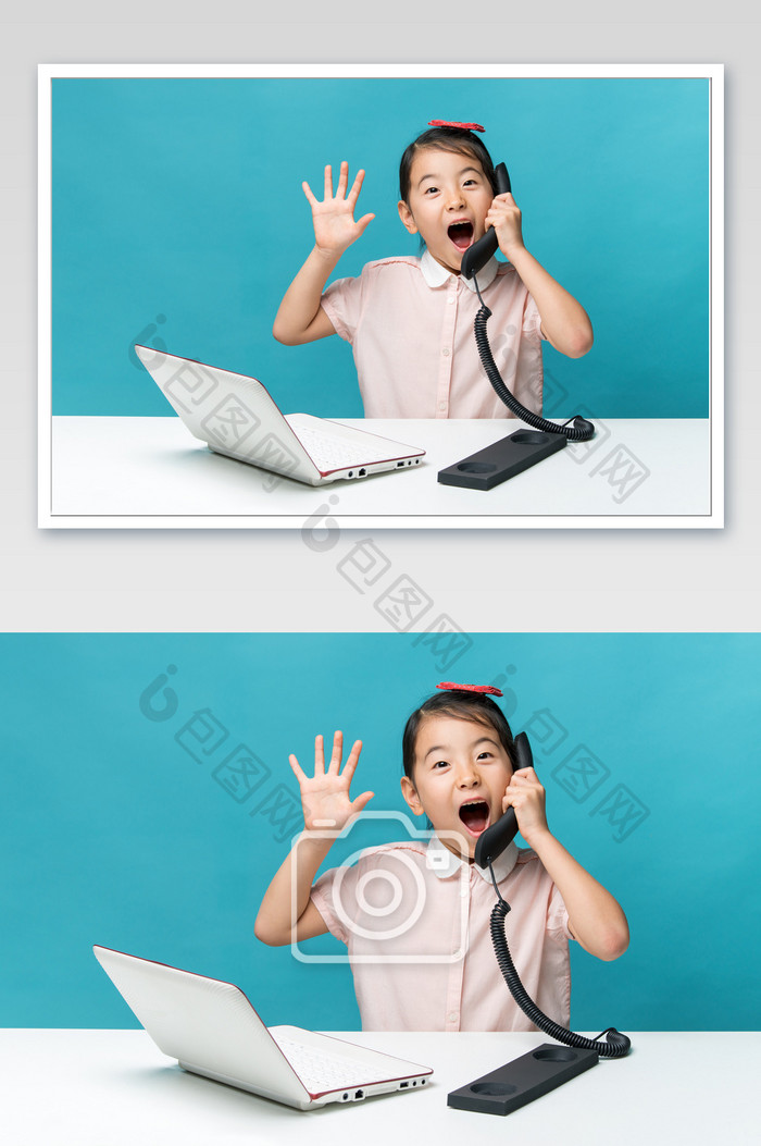 在电脑前接电话表情夸张的小女孩