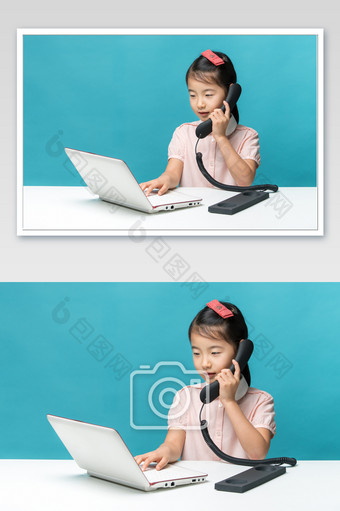 端坐在电脑前接电话看电脑的小女孩图片