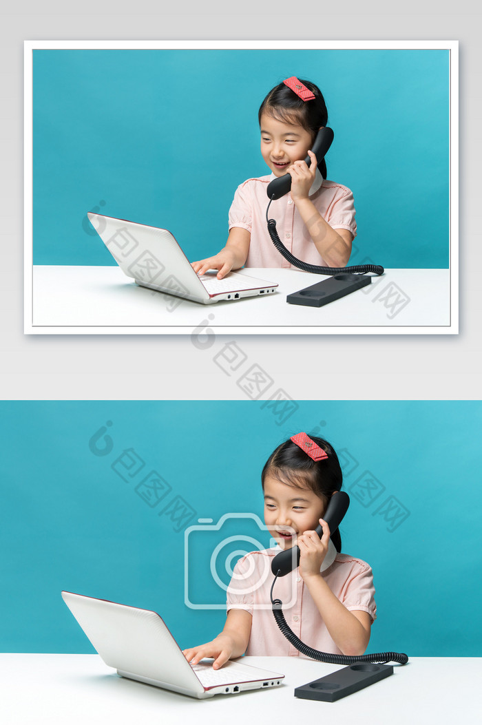 端坐在电脑前接电话微笑的小女孩图片图片