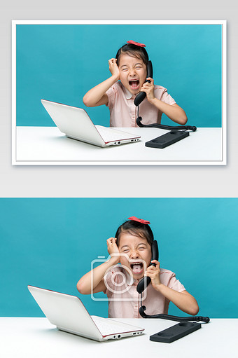 在电脑前接电话抓狂的小女孩图片下载