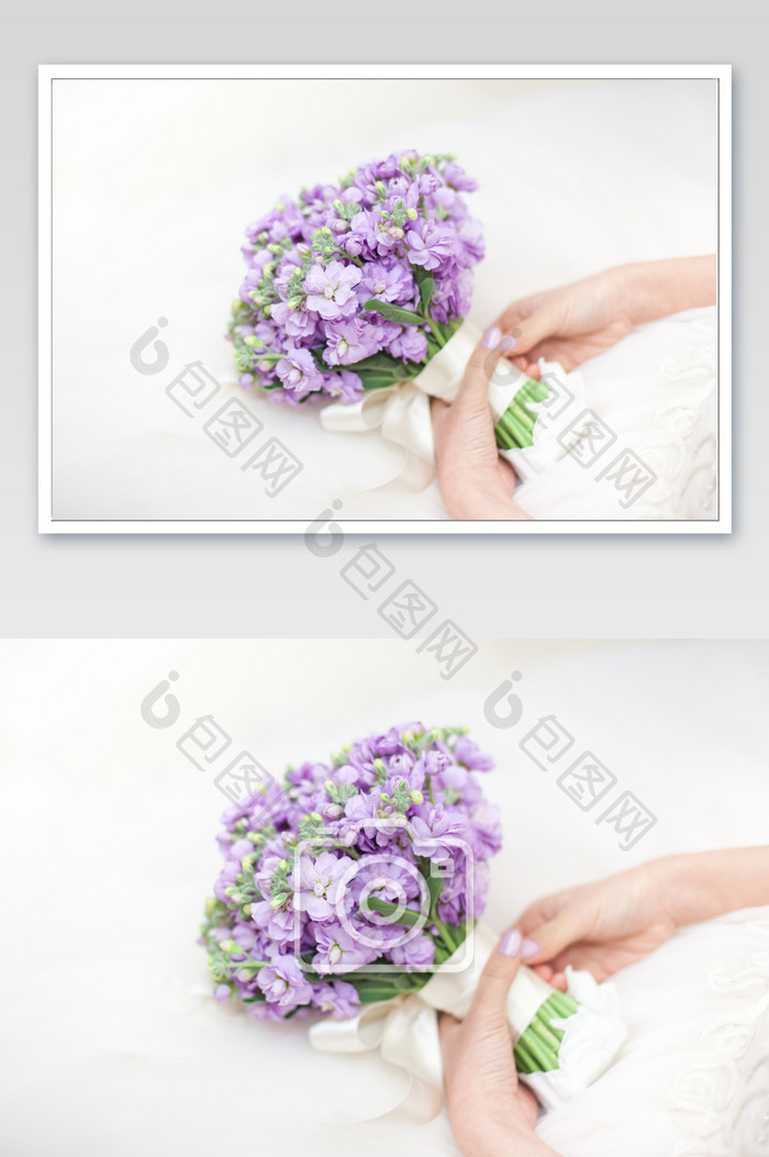系丝带的双手和一束紫色捧花