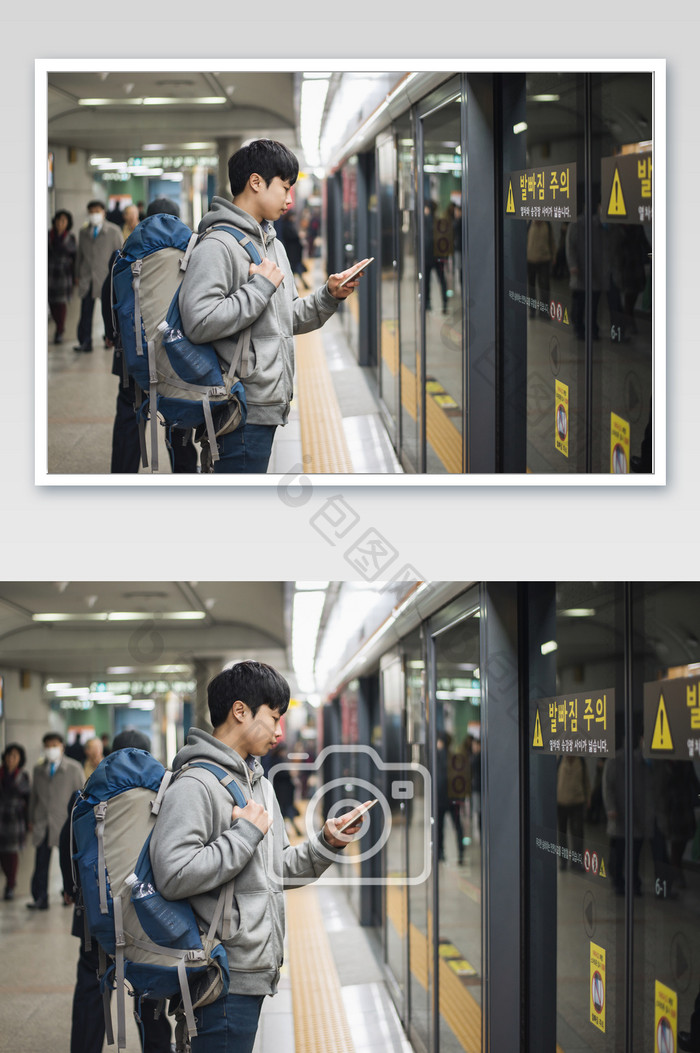 城市背包客站在地铁站台前看手机