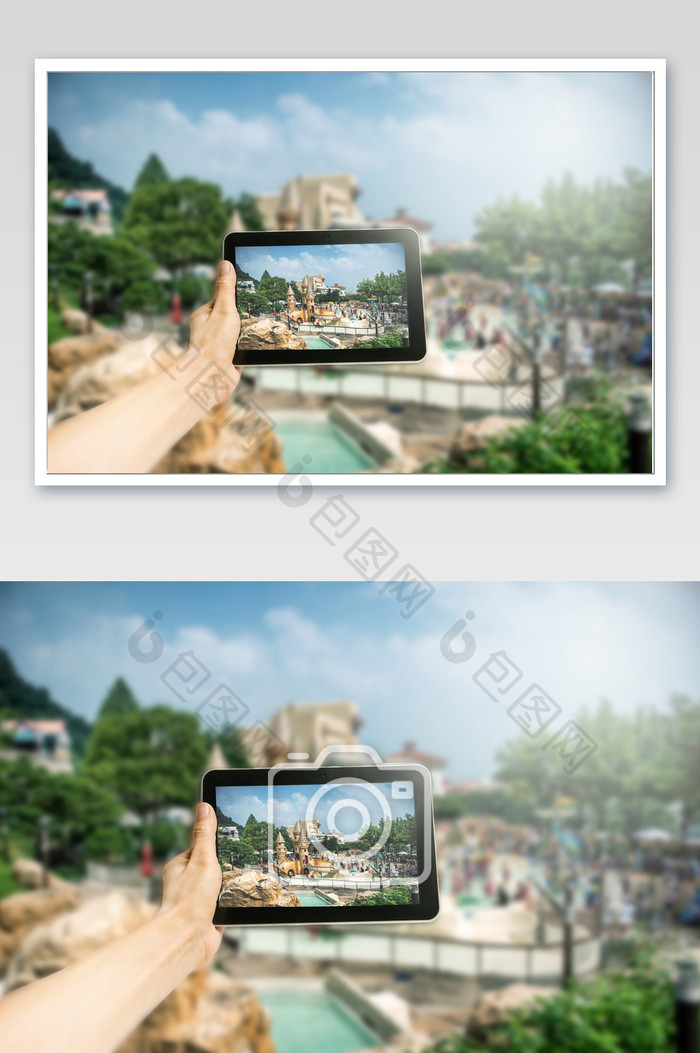 手拿平板电脑拍摄游乐园