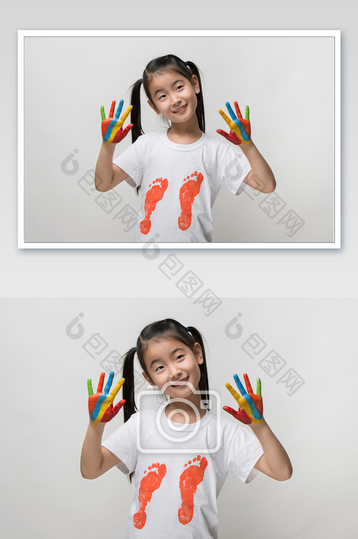 双马尾女孩双手沾满彩色涂料图片图片