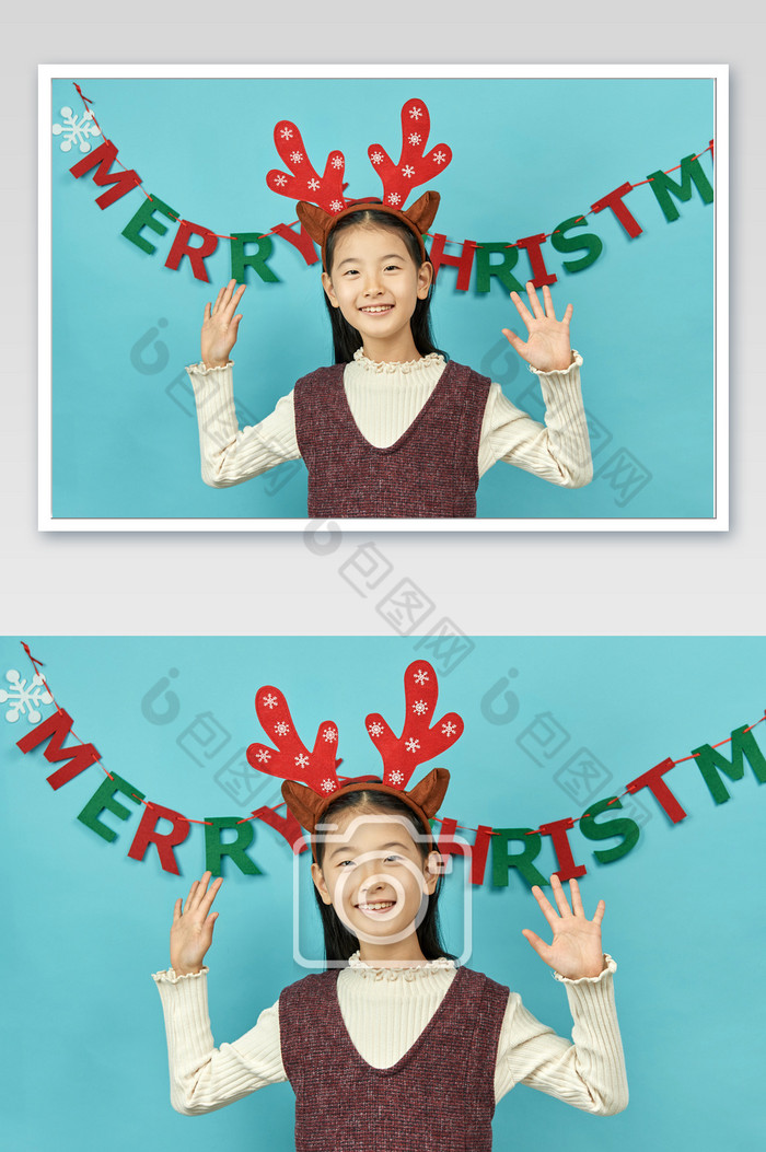 挂着圣诞快乐的背景和开心的小女孩图片图片