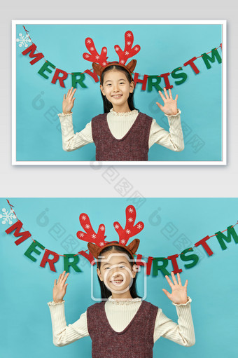 挂着圣诞快乐的背景和开心的小女孩图片