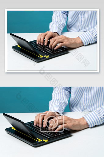 平板电脑按键盘局部特写蓝色背景图片
