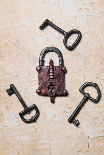 艺术古董锁具钥匙门锁概念摄影图