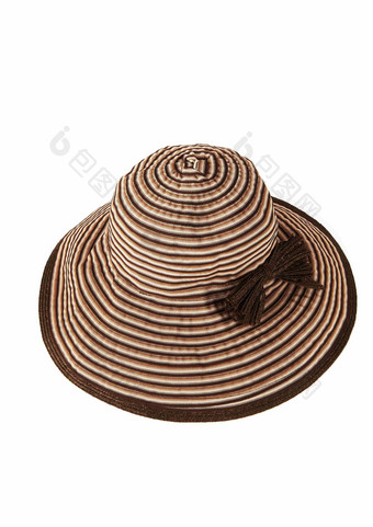 女式太阳帽棕色丝带条纹帽静物摄影图