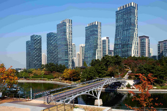 韩国松岛中央公园人造<strong>湖上</strong>一座桥远景拍摄