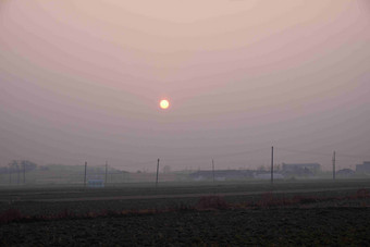 白色的太阳之下乙烯棚农村农田都被雾笼