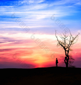 夕阳蓝红天空朝霞孤独树木人物风景图图片