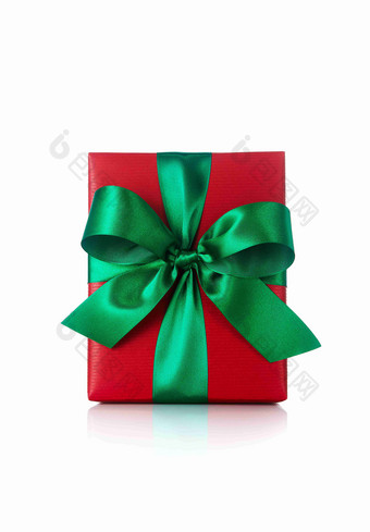 圣诞节绿色丝带红色礼物盒静物图