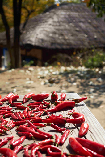 韩国农家台子一角晒着的红辣椒