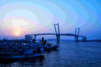 日落时分渔船斜拉桥远景拍摄