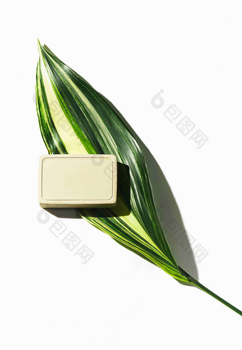 白色肥皂放在绿色叶子上场景摄影图