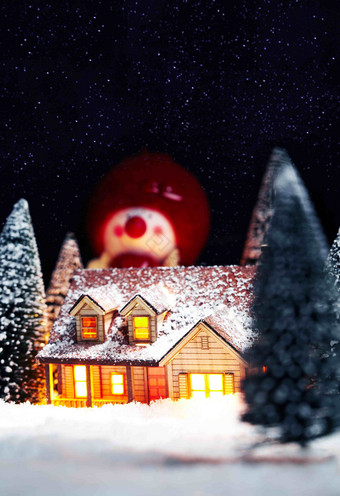 圣诞节木屋<strong>雪花</strong>雪人场景概念摄影图