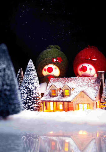 圣诞节雪人树小木屋概念场景摄影图