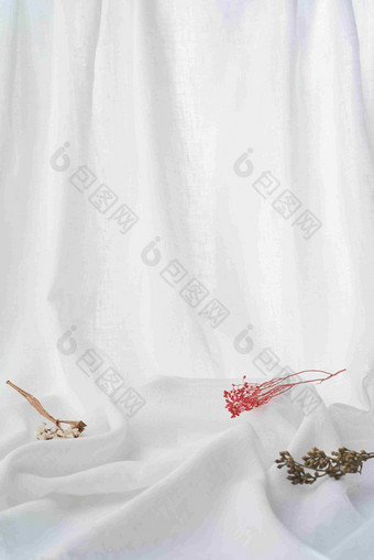 白色窗帘背景织物几枝干花