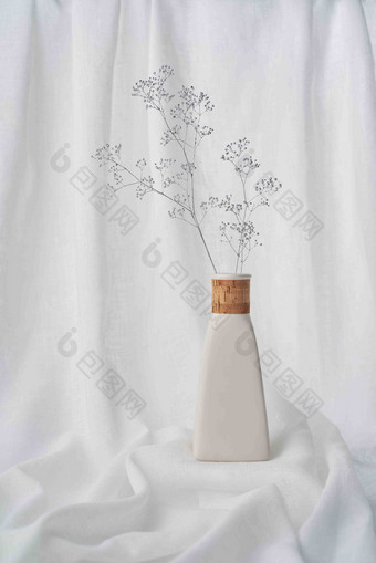 白色<strong>窗帘布</strong>背景花瓶植物干花