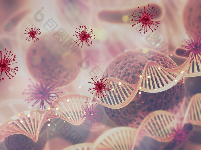 红色的病毒细胞和DNA链