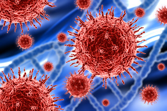 红色病毒和DNA链摄影图