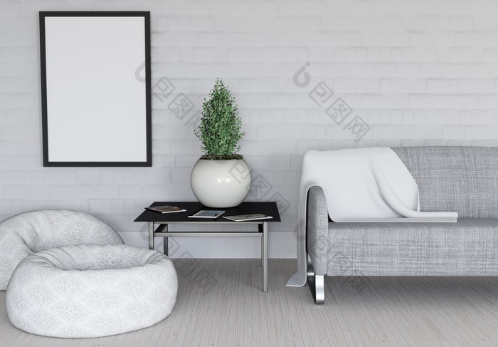 3d现代房间室内设计与空白图片框架